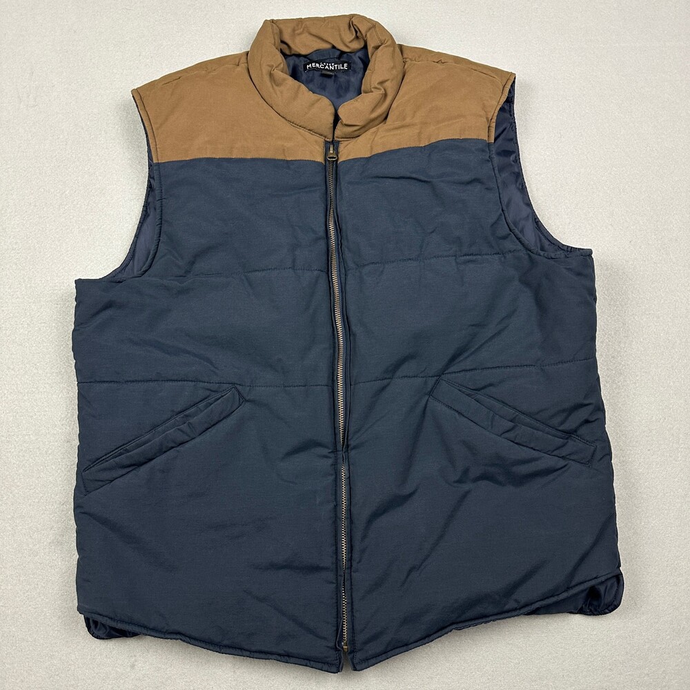 J.Crew Vest Men Large Blue Brown Puffer Insulated Full Zip Stand Collar L